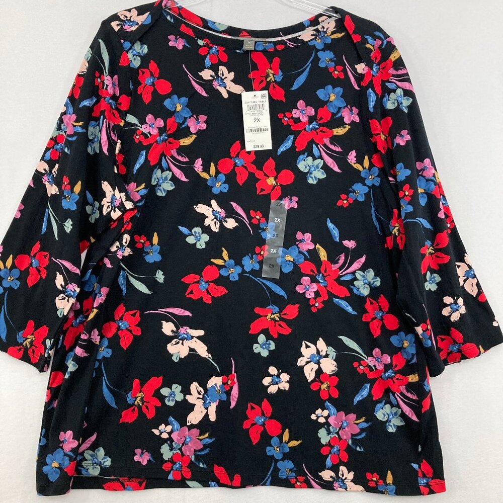 New Style & Co. size 2X Black Multi Color Stretch Knit 3/4 Sleeve Blouse Casual